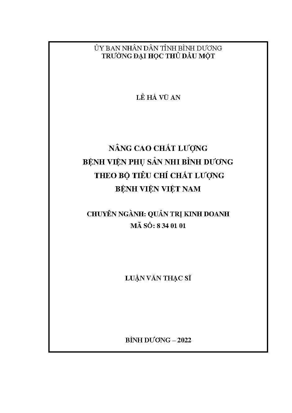 Nâng cao chất lượng Bệnh viện Phụ sản nhi Bình Dương theo bộ tiêu chí chất lượng Bệnh viện Việt Nam