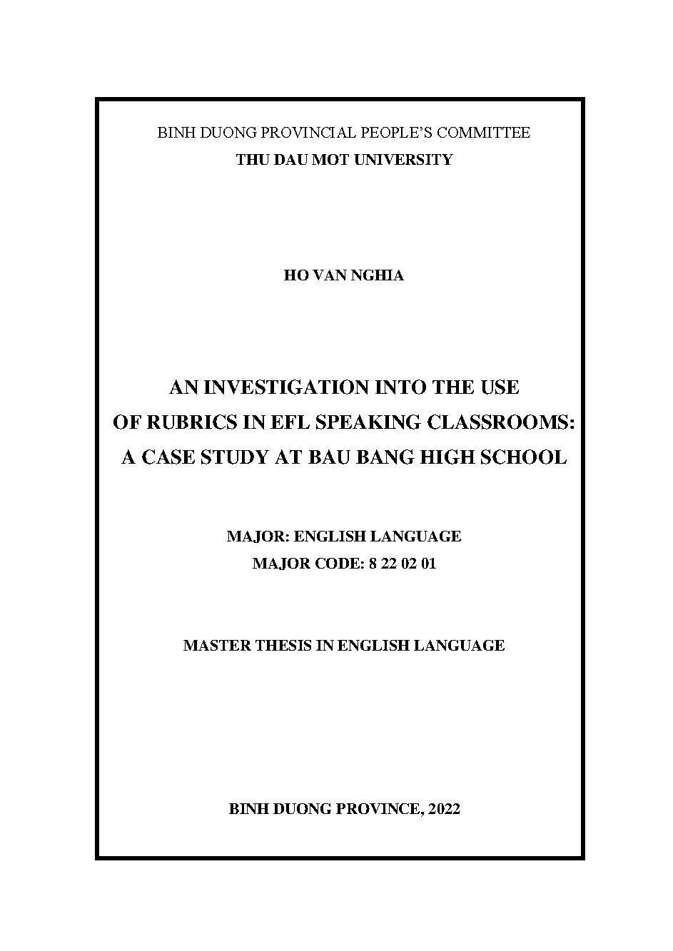 An investigation into the use of rubrics in EFL speaking classrooms: a case study at Bau Bang hight school