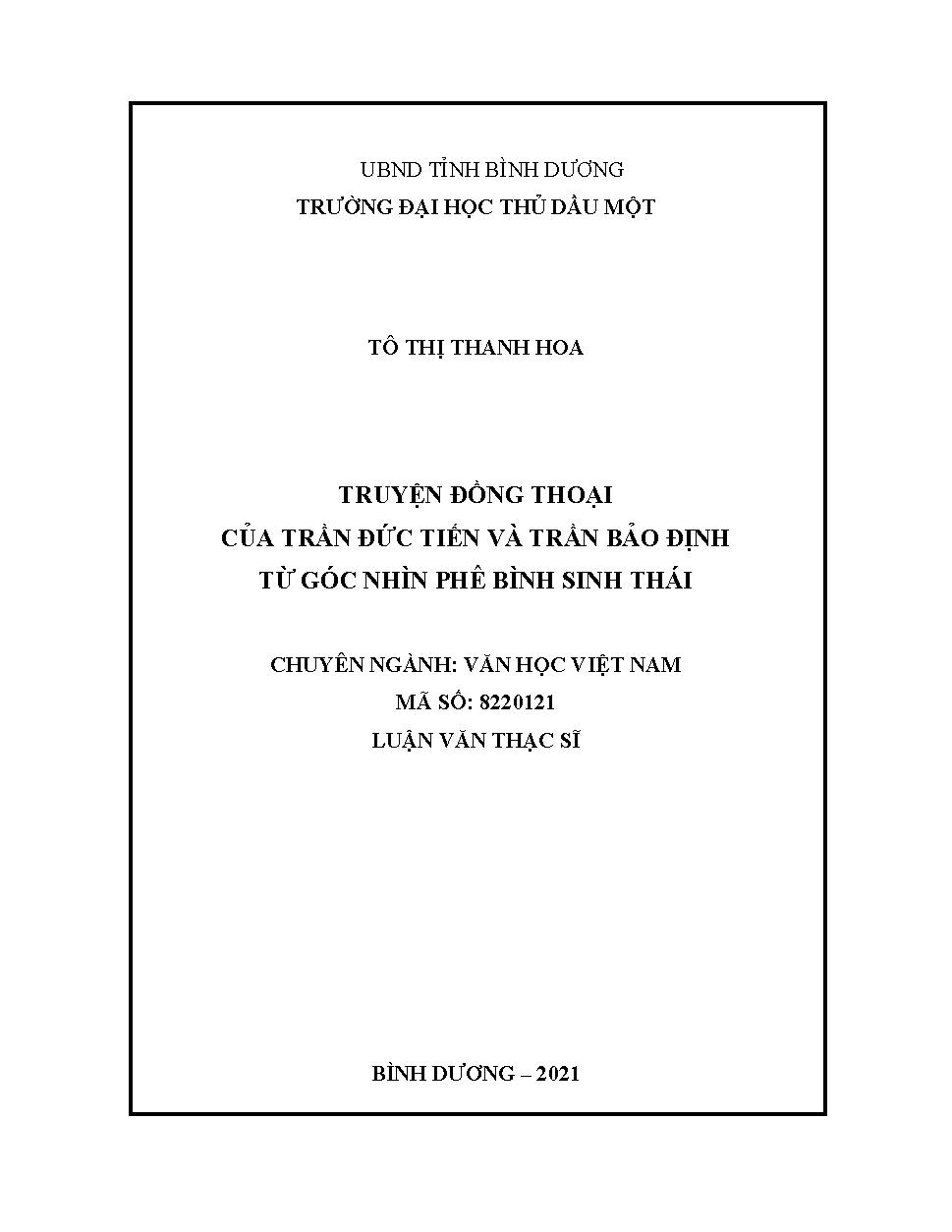 Truyện đồng thoại của Trần Đức Tiến và Trần Bảo Định từ góc nhìn phê bình sinh thái