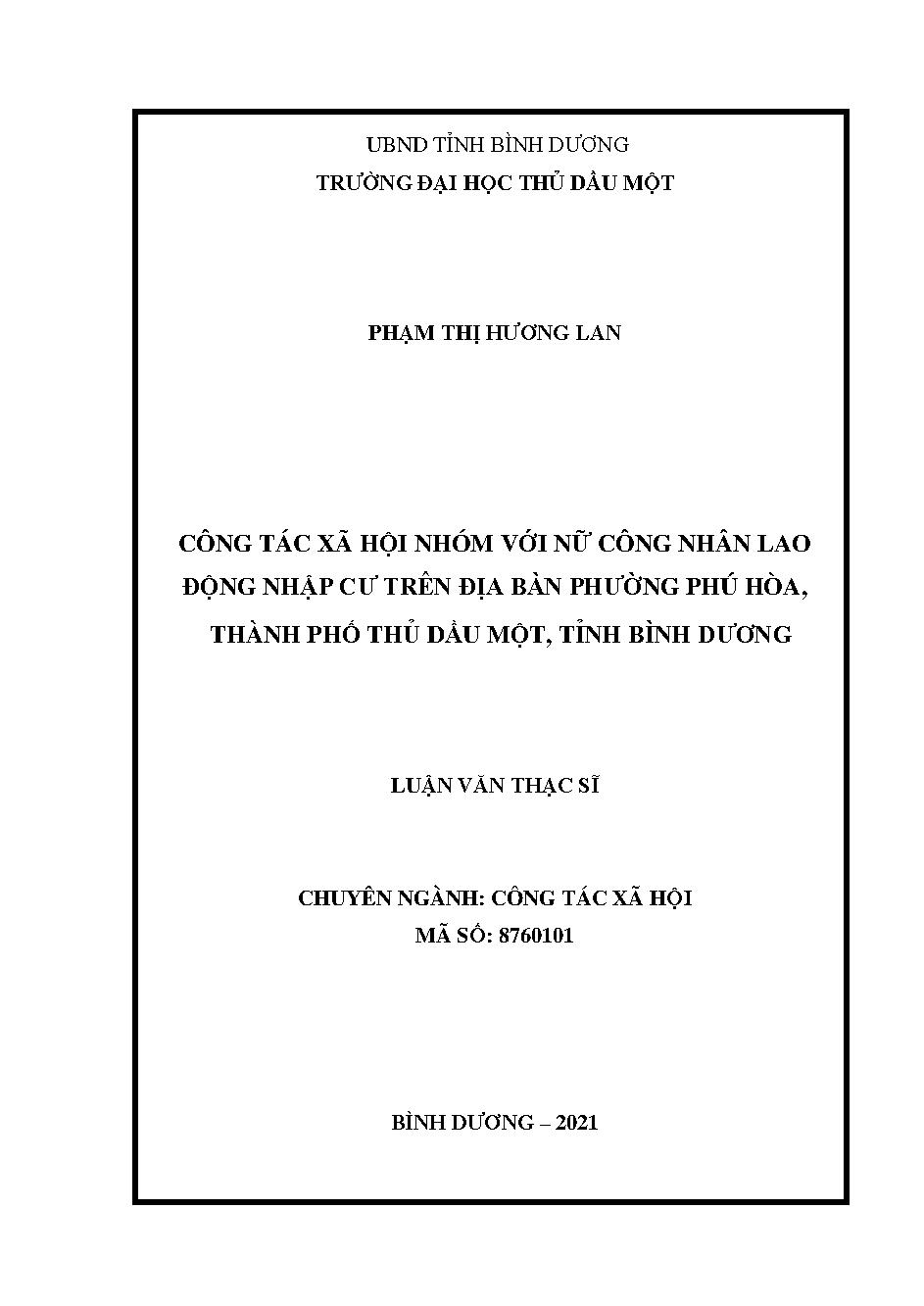 Công tác xã hội nhóm với nữ công nhân lao động nhập cư trên địa bàn phường Phú Hòa, thành phố Thủ Dầu Một, tỉnh Bình Dương