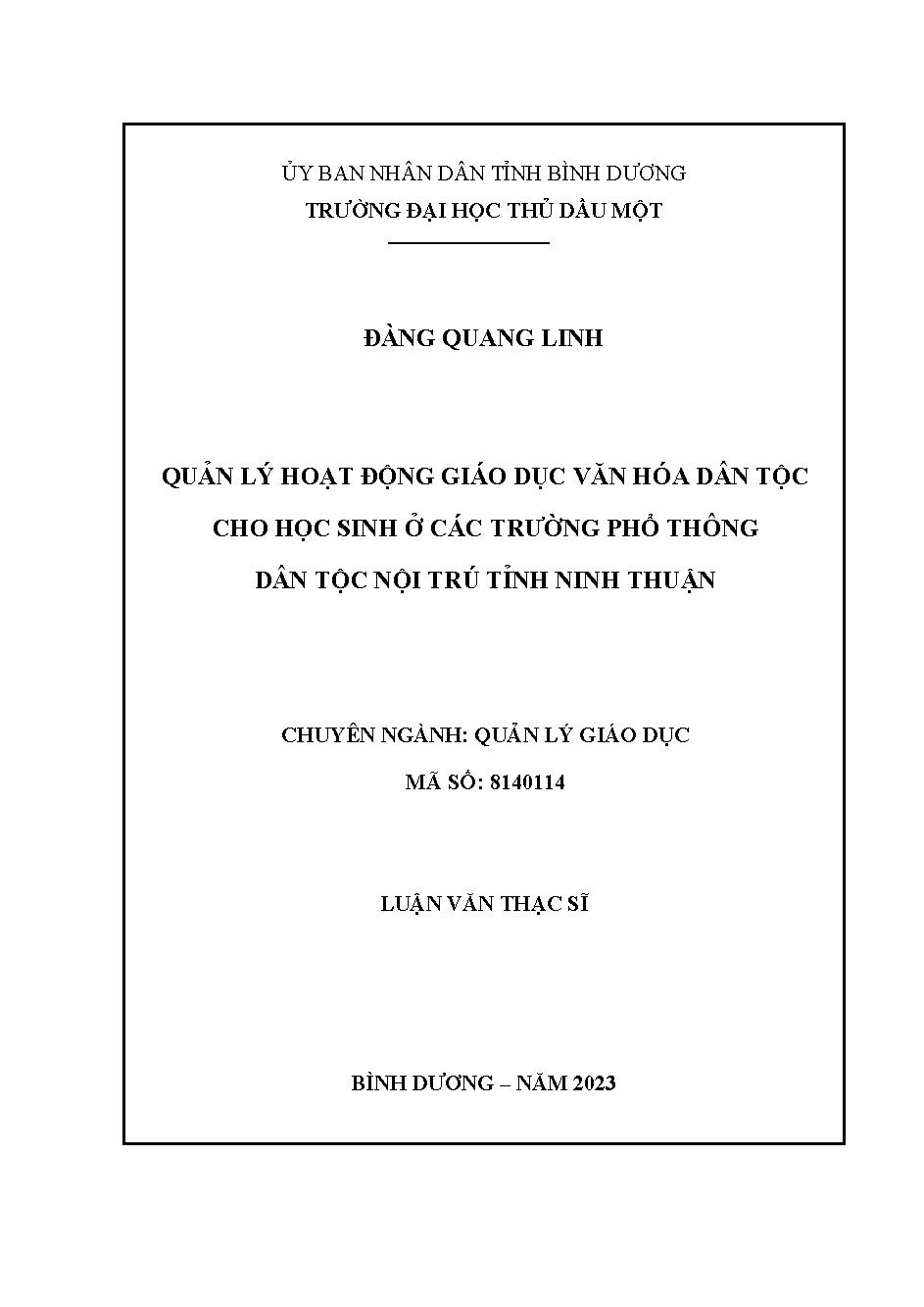 Quản lý hoạt động giáo dục văn hóa dân tộc cho học sinh ở các trường phổ thông dân tộc nội trú tỉnh Ninh Thuận