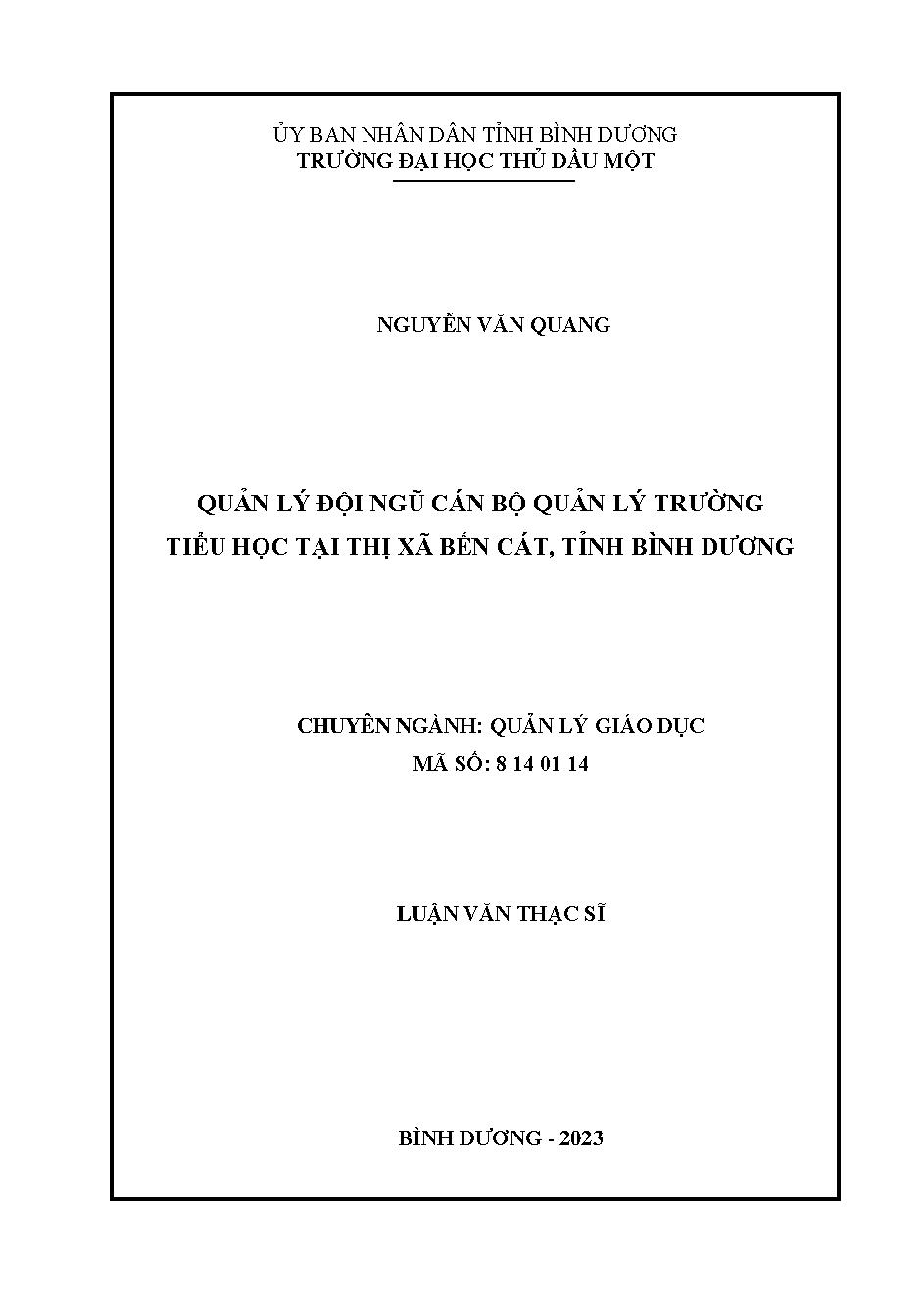 Quản lý đội ngũ cán bộ quản lý trường tiểu học tại thị xã Bến Cát, tỉnh Bình Dương