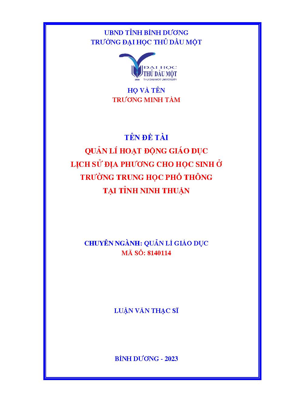 Quản lí hoạt động giáo dục lịch sử địa phương cho học sinh ở trường THPT tại tỉnh Ninh Thuận