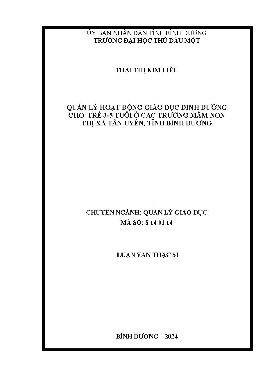 Quản lý hoạt động giáo dục dinh dưỡng cho trẻ 3-5 tuổi ở các trường mầm non tại thị xã Tân Uyên, tỉnh Bình Dương