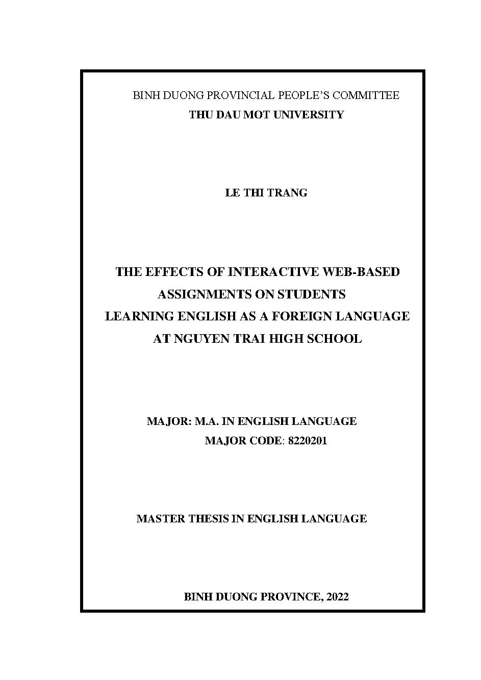 The effects of interactive web-based assignments on students Learning English as a foreign language at Nguyen Trai high school