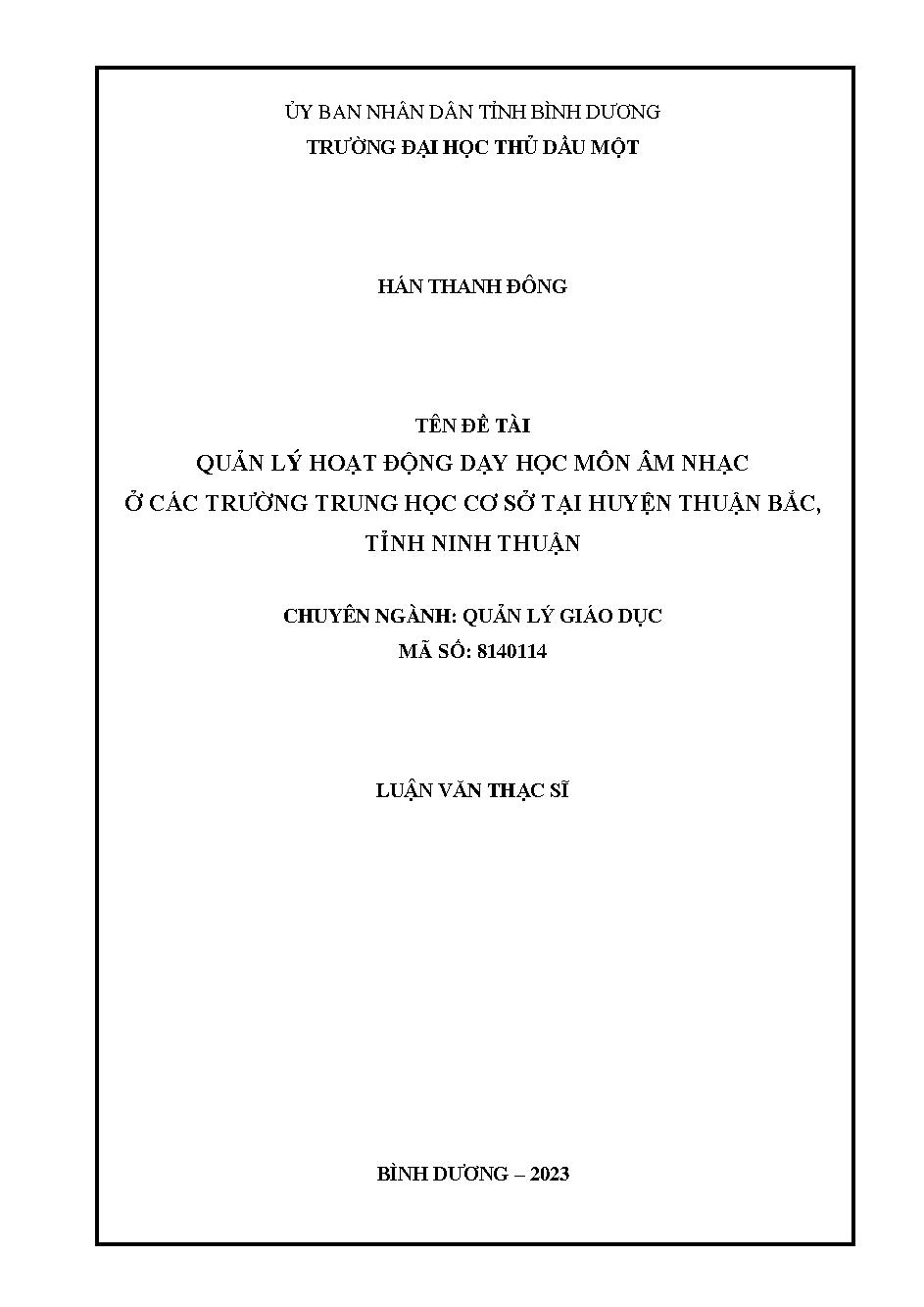 Quản lý hoạt động giáo dạy học môn âm nhạc ở các trường trung học cơ sở tại huyện Thuận Bắc, tỉnh Ninh Thuận