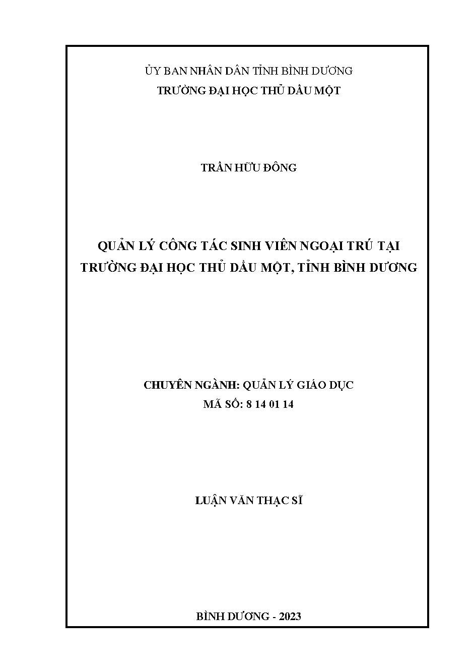 Quản lý công tác sinh viên ngoại trú tại trường Đại học Thủ Dầu Một, tỉnh Bình Dương