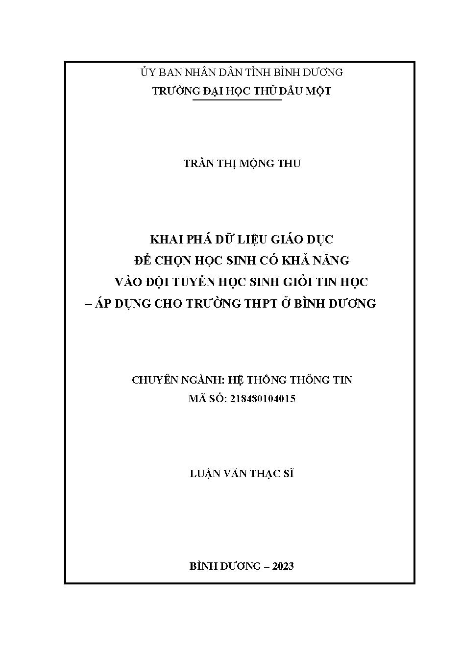 Khai phá dữ liệu giáo dục để chọn học sinh có khả năng vào đội tuyển học sinh giỏi Tin học