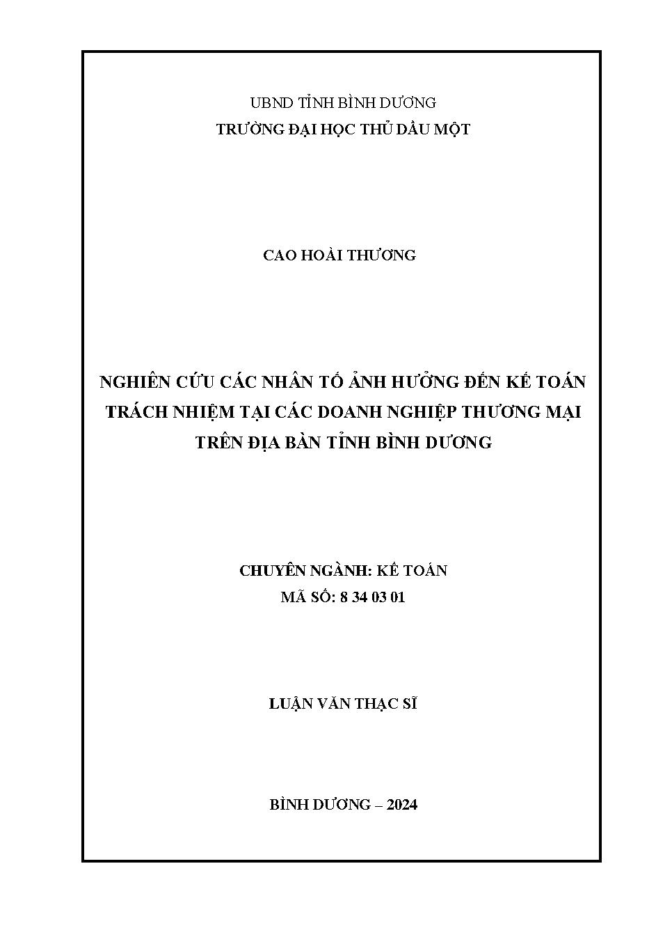 Nghiên cứu các nhân tố ảnh hưởng đến kế toán trách nhiệm tại các doanh nghiệp thương mại trên địa bàn tỉnh Bình Dương