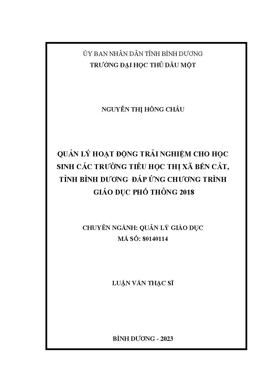 Quản lý hoạt động trải nghiệm cho học sinh các trường tiểu học thị xã Bến Cát, tỉnh Bình Dương đáp ứng chương trình giáo dục phổ thông 2018