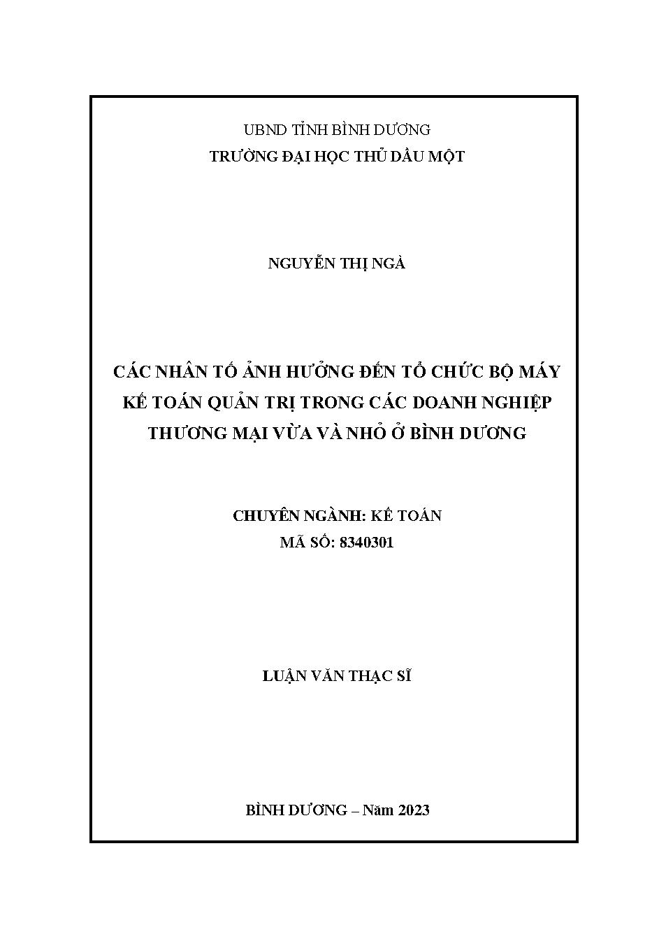 Các nhân tố ảnh hưởng đến tổ chức bộ máy kế toán quản trị trong các doanh nghiệp thương mại vừa và nhỏ ở Bình Dương