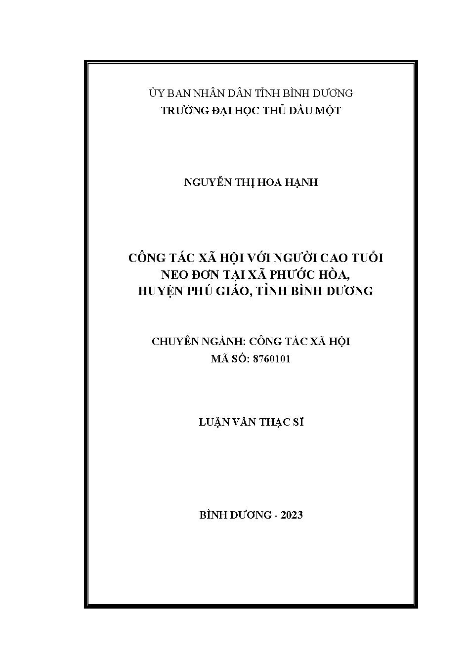 Công tác xã hội với người cao tuổi neo đơn tại xã Phước Hòa, huyện Phú Giáo, tỉnh Bình Dương