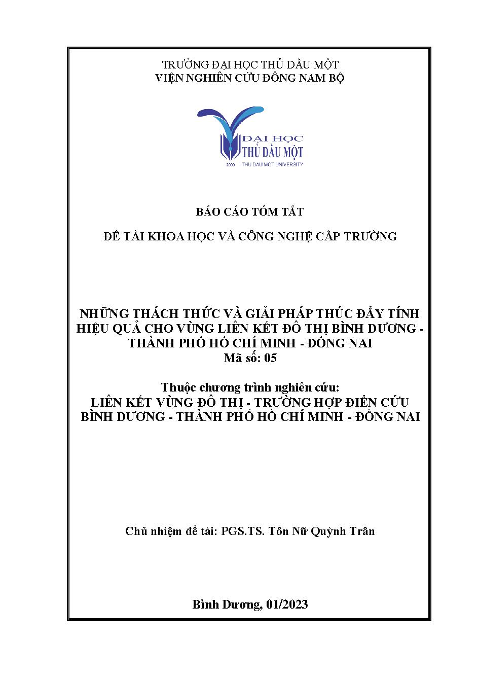 Những thách thức và giải pháp thúc đẩy tính hiệu quả cho vùng liên kết đô thị Bình Dương - thành phố Hồ Chí Minh - Đồng Nai