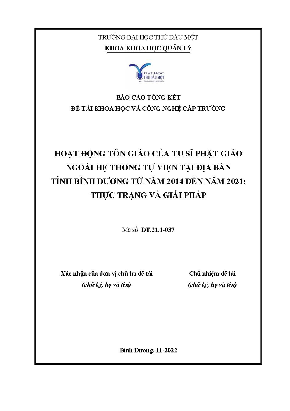 Hoạt động tôn giáo của tu sĩ phật giáo ngoài hệ thống tự viện tại địa bàn tỉnh Bình Dương từ năm 2014 đến năm 2021: thực trạng và giải pháp