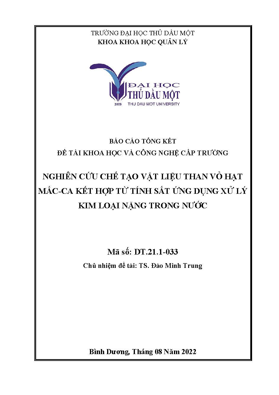 Nghiên cứu chế tạo vật liệu nano than vỏ hạt mắc-ca kết hợp từ tính sắt ứng dụng xử lý kim loại nặng trong nước