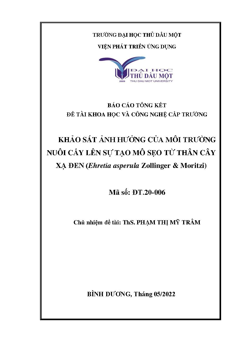 Khảo sát ảnh hưởng của môi trường nuôi cấy lên sự tạo mô sẹo từ thân cây xạ đen