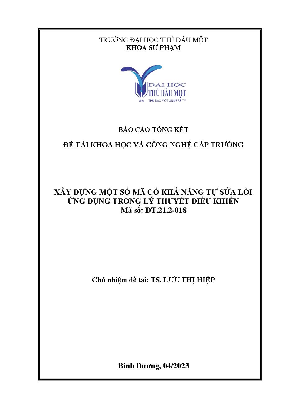 Xây dựng một số mã có khả năng tự sửa lỗi ứng dụng trong lý thuyết điều khiển