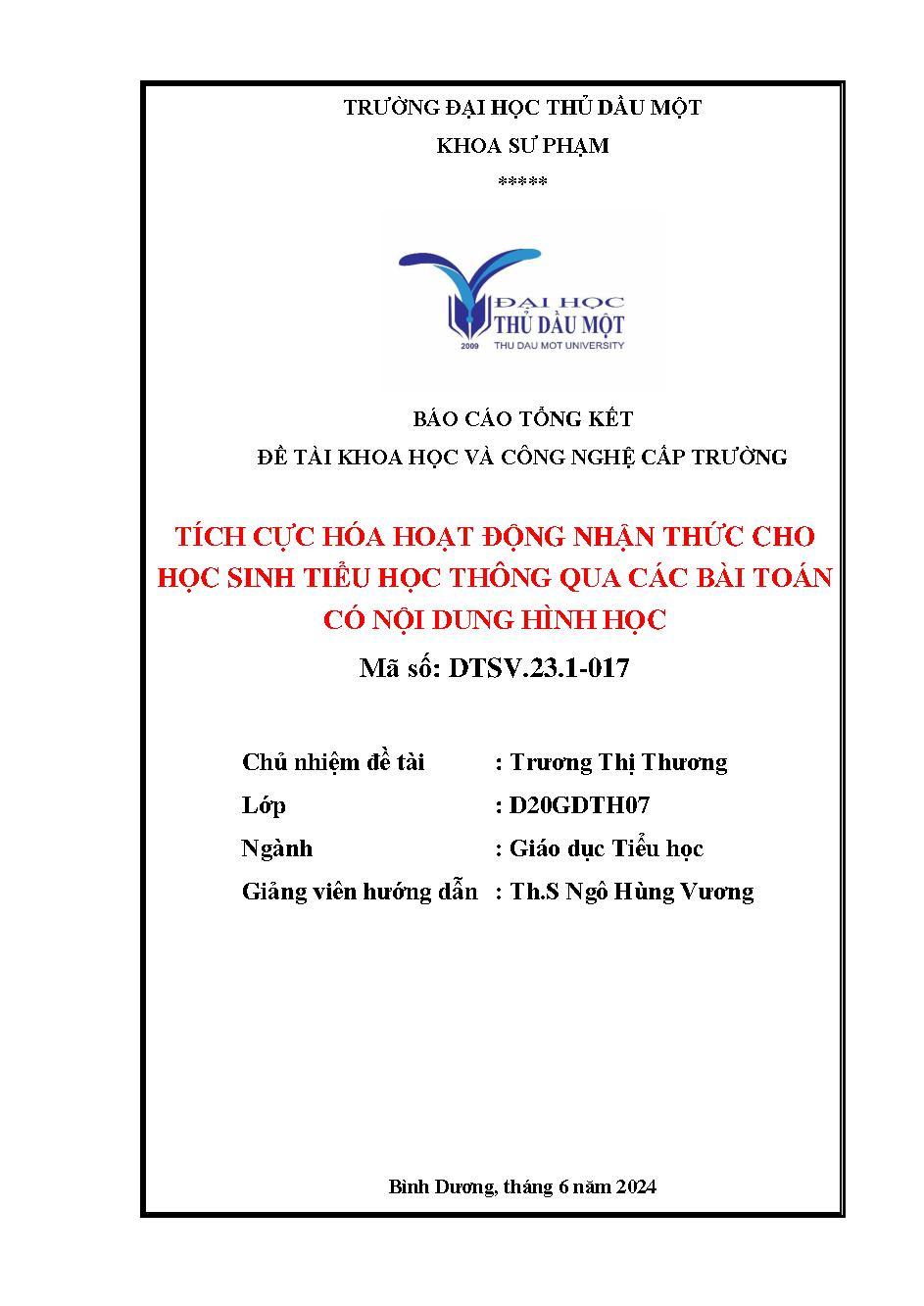 Tích cực hóa hoạt động nhận thức cho học sinh Tiểu học thông qua các bài toán có nội dung hình học