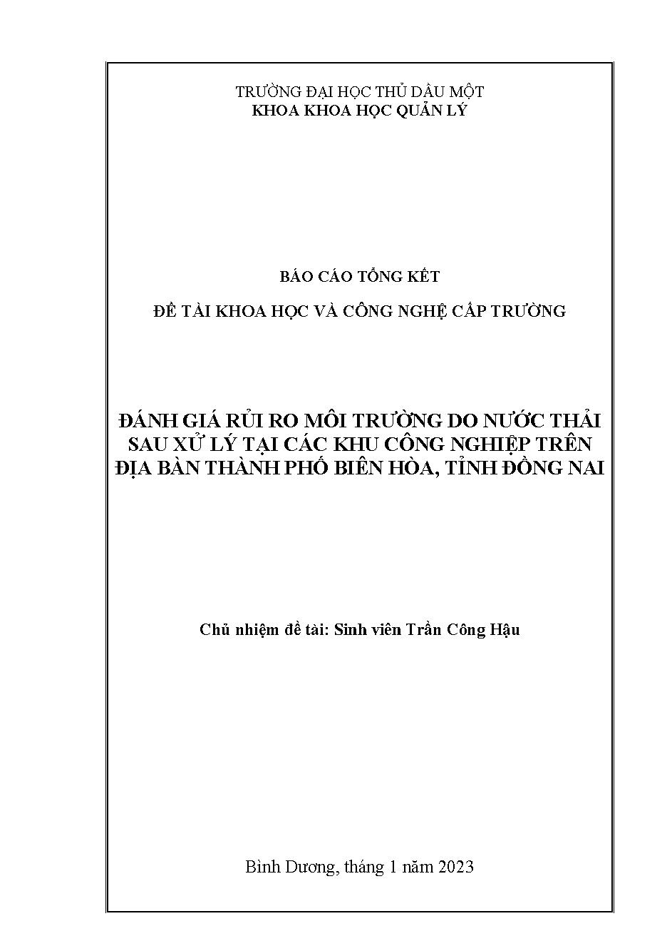 Đánh giá rủi ro môi trường do nước thải sau xử lý tại các khu công nghiệp trên địa bàn thành phố Biên Hòa, tỉnh Đồng Nai