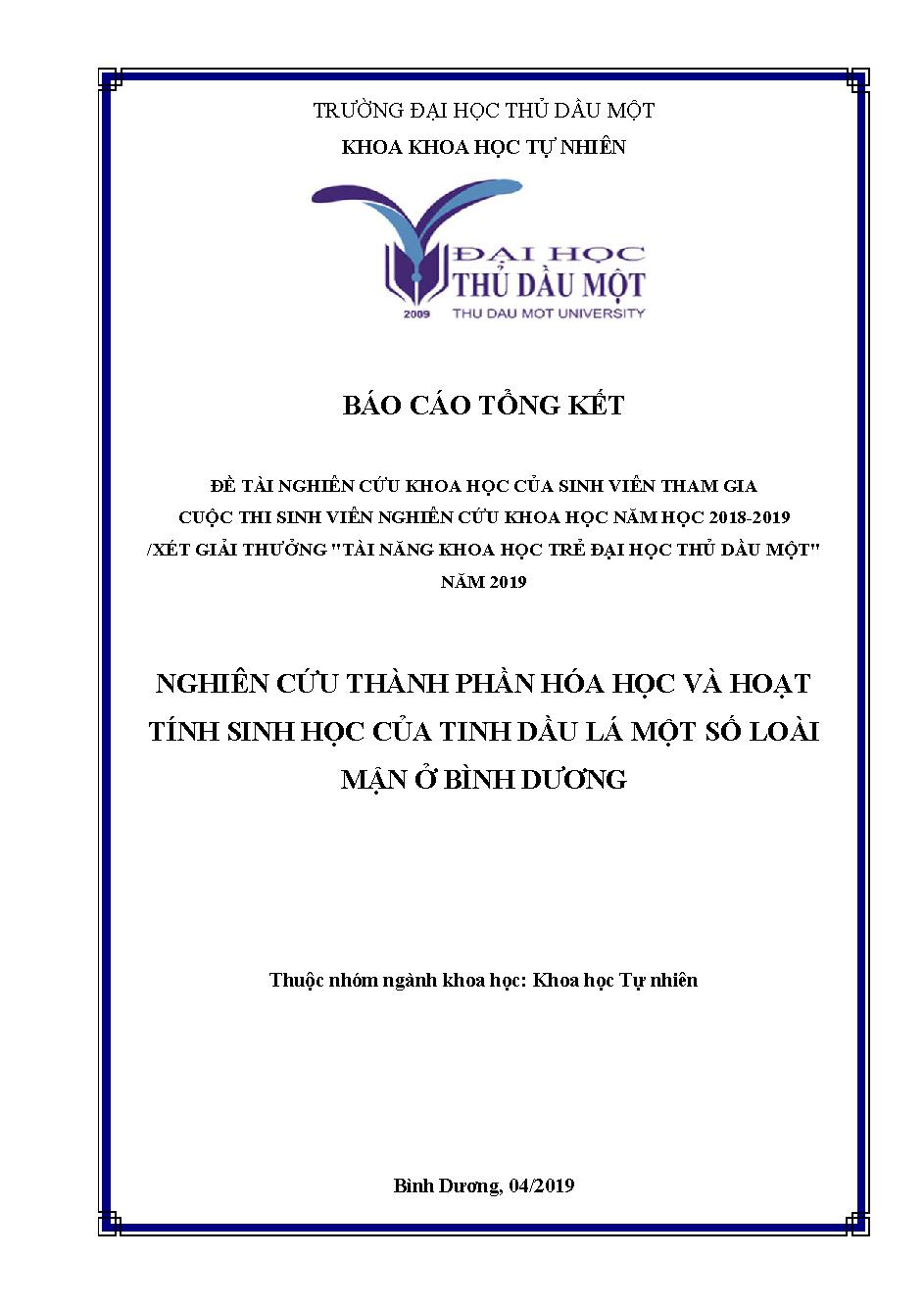 Nghiên cứu thành phần hóa học và hoạt tính sinh học của tinh dầu lá một số loài mận ở Bình Dương